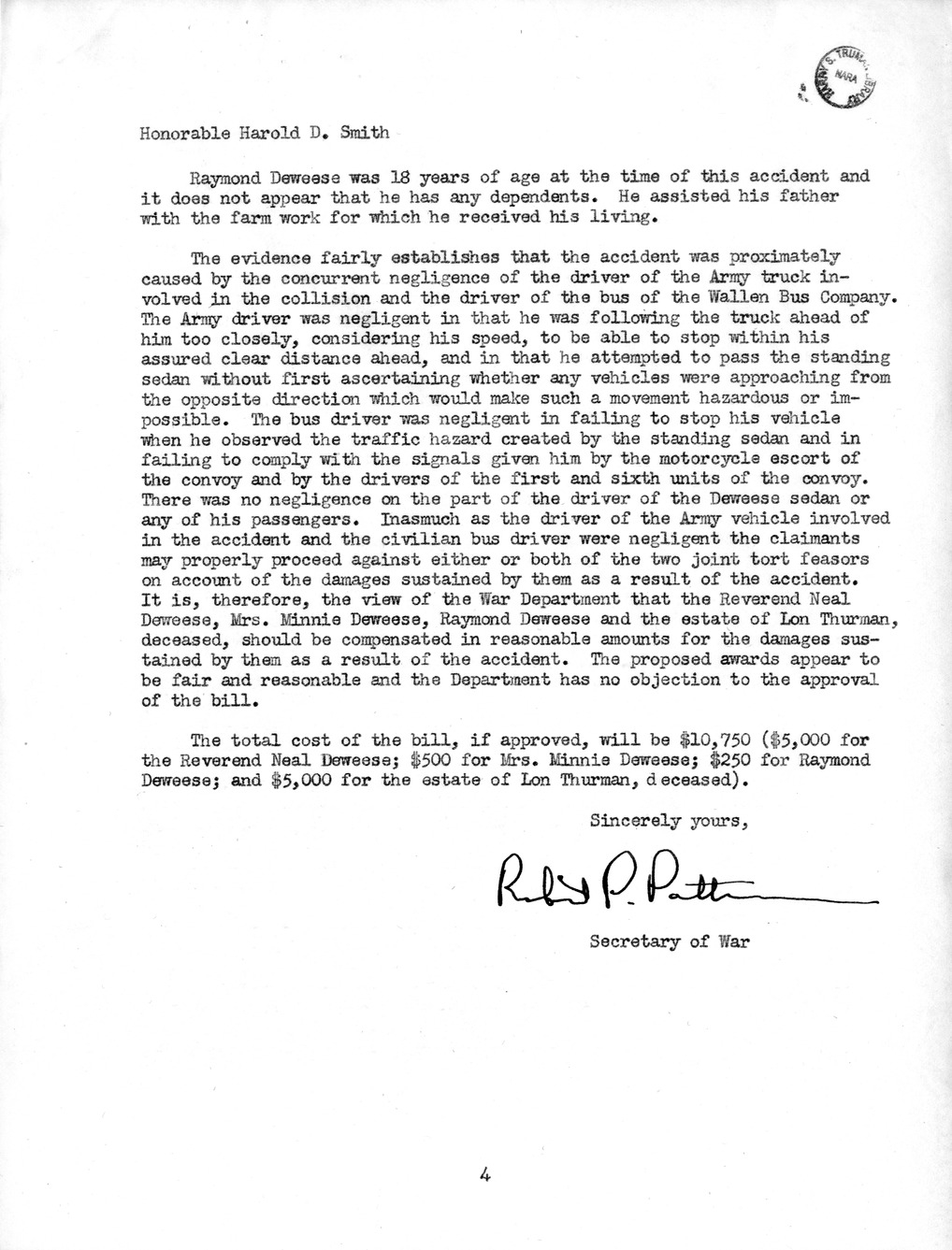 Memorandum from Frederick J. Bailey to M. C. Latta, H.R. 1879, For the Relief of Reverend Neal Deweese, Mrs. Minnie Deweese, Raymond Deweese, and the Estate of Lon Thurman, Deceased, with Attachments