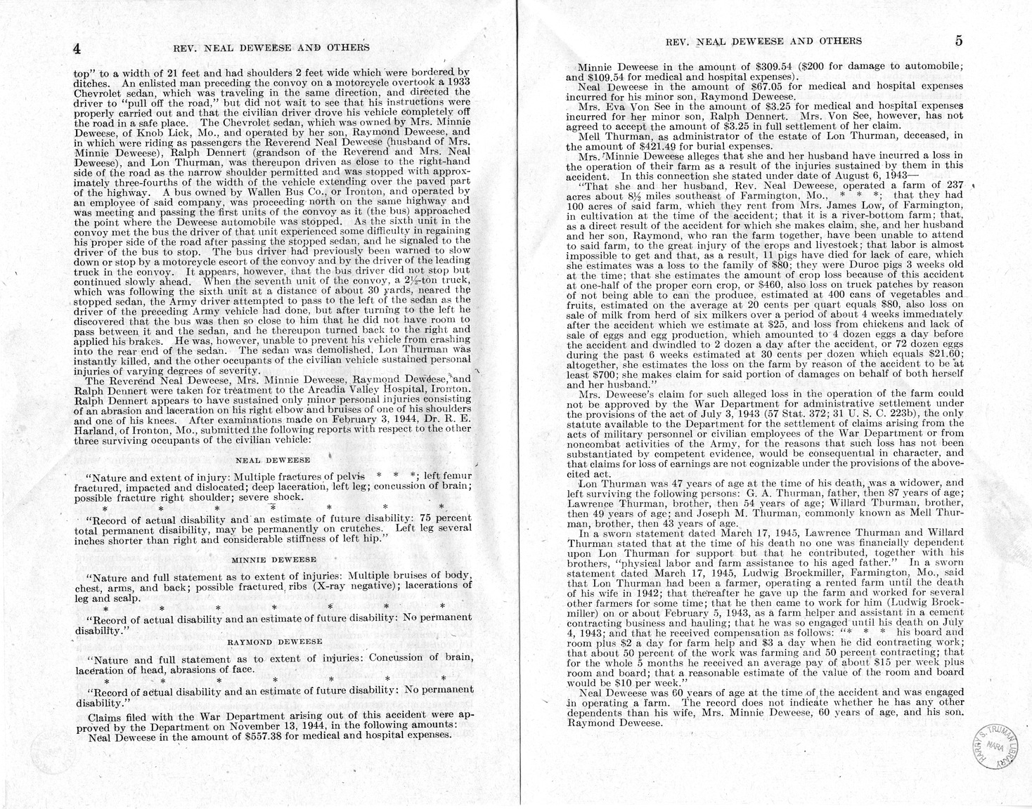 Memorandum from Frederick J. Bailey to M. C. Latta, H.R. 1879, For the Relief of Reverend Neal Deweese, Mrs. Minnie Deweese, Raymond Deweese, and the Estate of Lon Thurman, Deceased, with Attachments