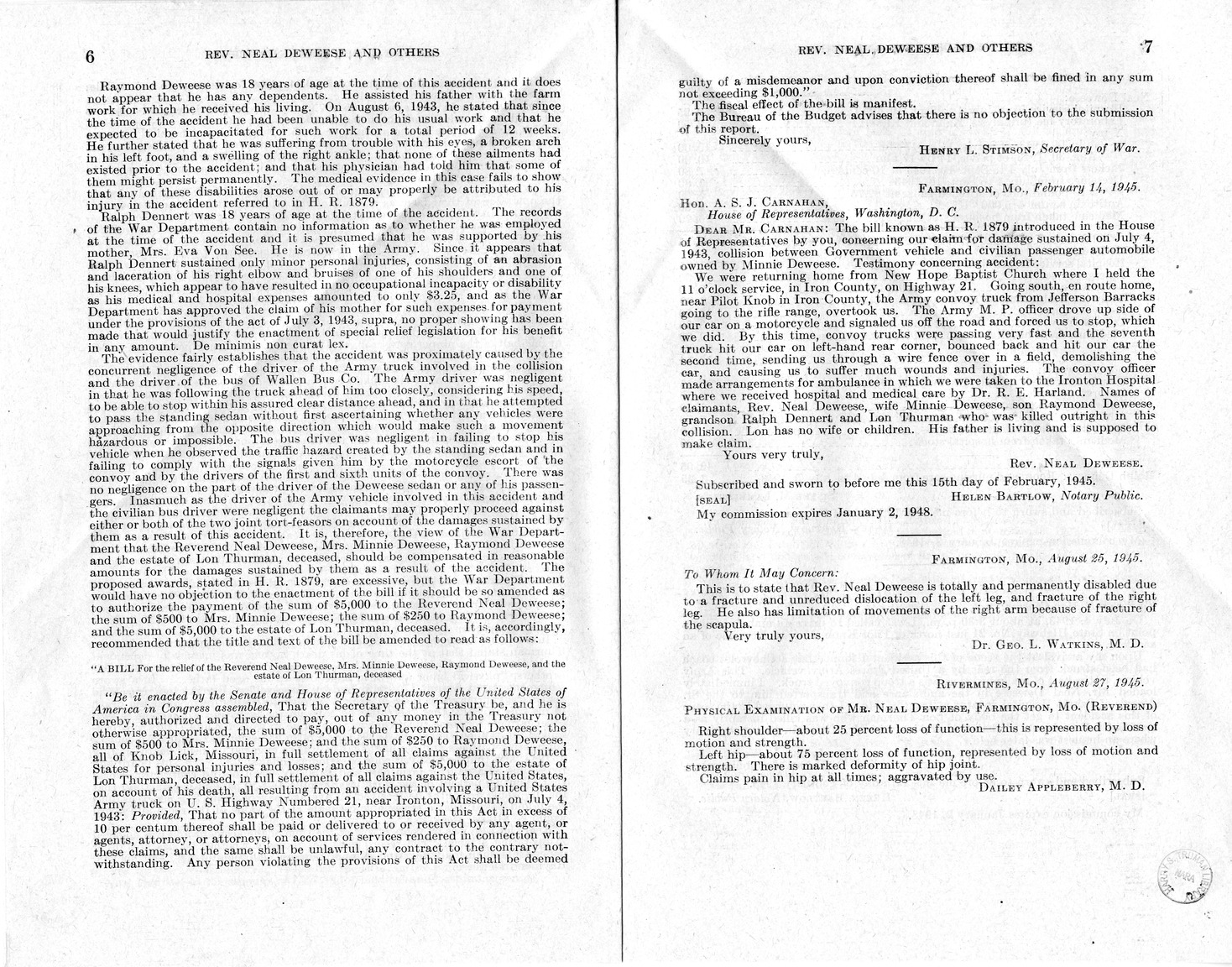 Memorandum from Frederick J. Bailey to M. C. Latta, H.R. 1879, For the Relief of Reverend Neal Deweese, Mrs. Minnie Deweese, Raymond Deweese, and the Estate of Lon Thurman, Deceased, with Attachments