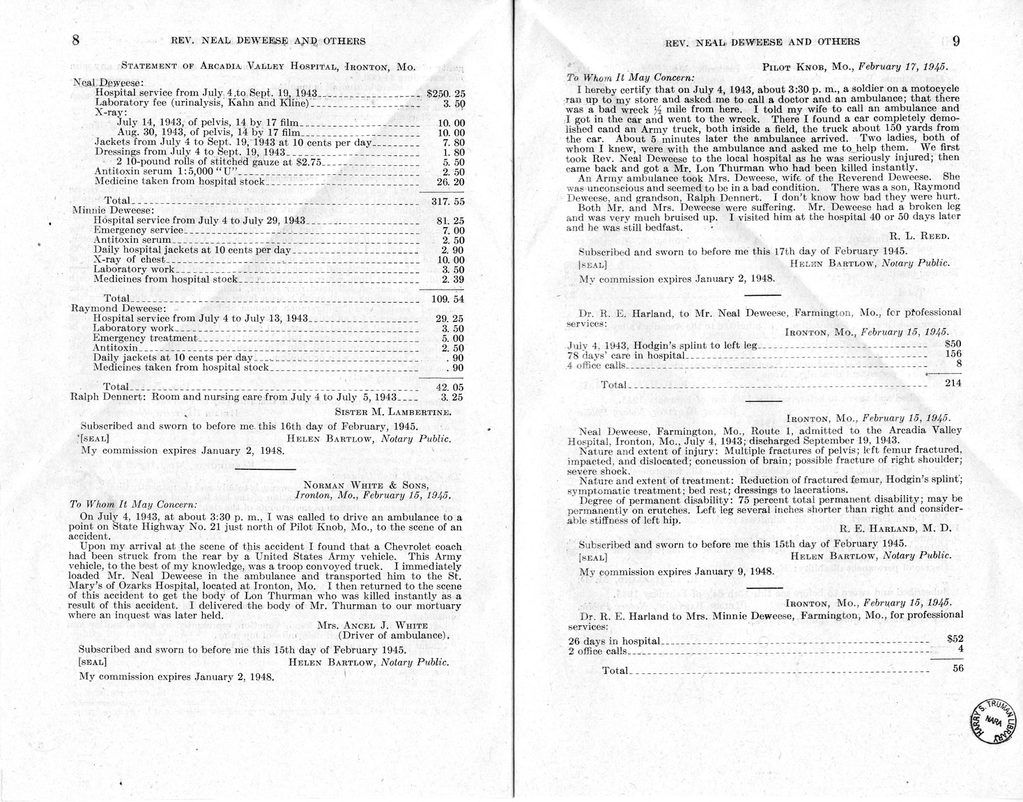 Memorandum from Frederick J. Bailey to M. C. Latta, H.R. 1879, For the Relief of Reverend Neal Deweese, Mrs. Minnie Deweese, Raymond Deweese, and the Estate of Lon Thurman, Deceased, with Attachments