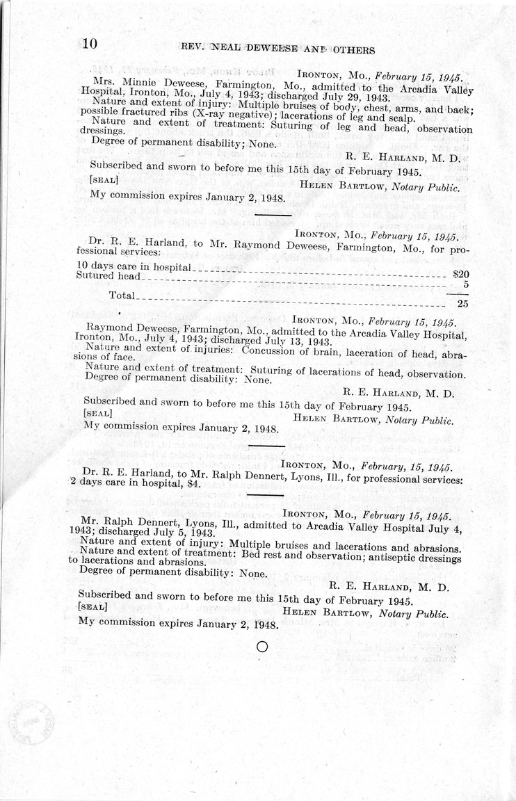 Memorandum from Frederick J. Bailey to M. C. Latta, H.R. 1879, For the Relief of Reverend Neal Deweese, Mrs. Minnie Deweese, Raymond Deweese, and the Estate of Lon Thurman, Deceased, with Attachments