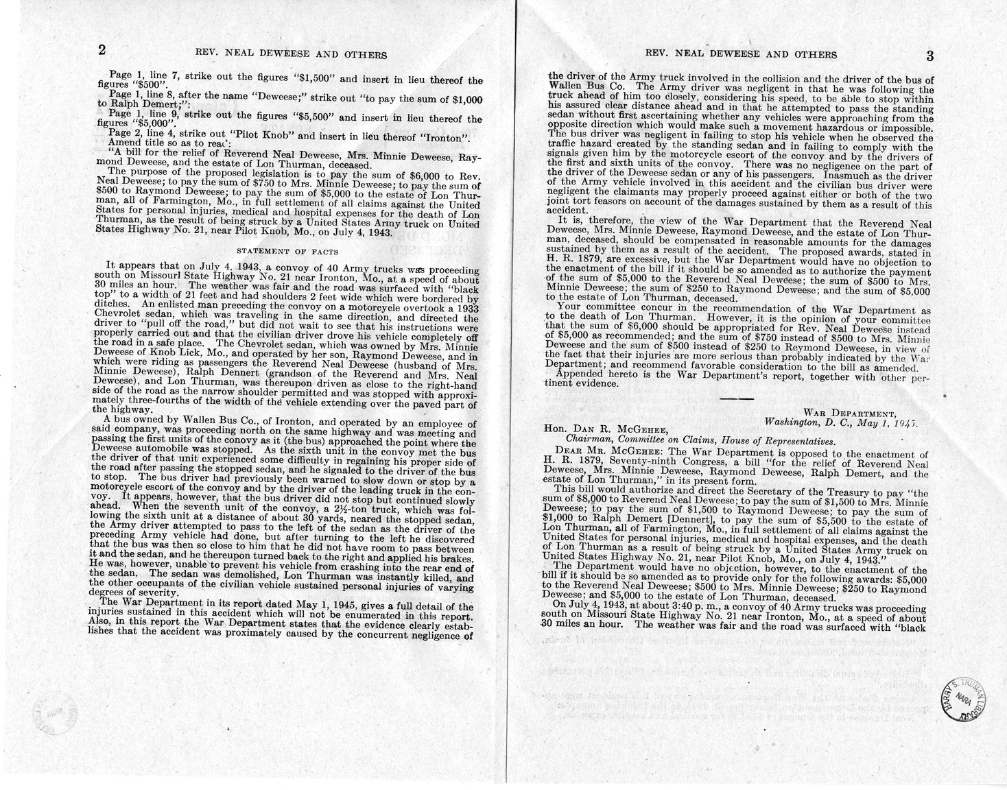 Memorandum from Frederick J. Bailey to M. C. Latta, H.R. 1879, For the Relief of Reverend Neal Deweese, Mrs. Minnie Deweese, Raymond Deweese, and the Estate of Lon Thurman, Deceased, with Attachments