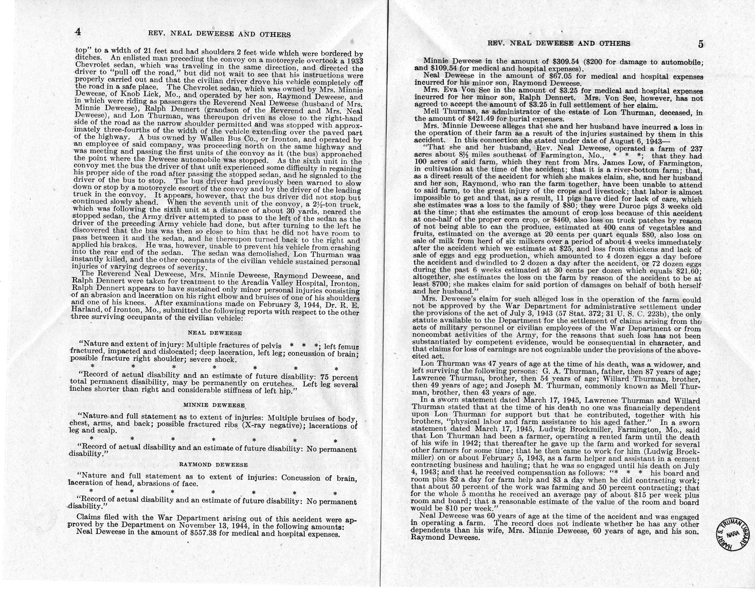 Memorandum from Frederick J. Bailey to M. C. Latta, H.R. 1879, For the Relief of Reverend Neal Deweese, Mrs. Minnie Deweese, Raymond Deweese, and the Estate of Lon Thurman, Deceased, with Attachments