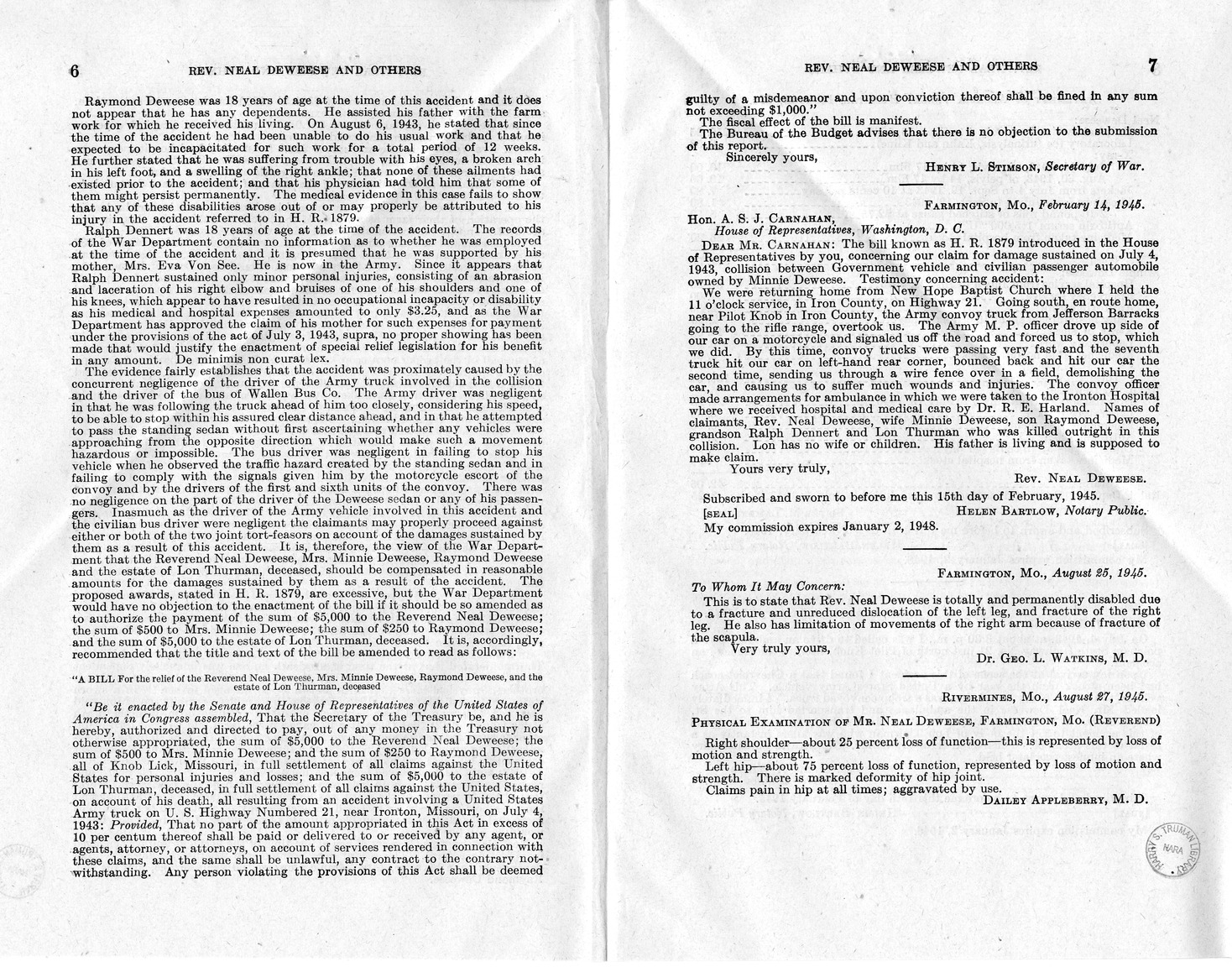 Memorandum from Frederick J. Bailey to M. C. Latta, H.R. 1879, For the Relief of Reverend Neal Deweese, Mrs. Minnie Deweese, Raymond Deweese, and the Estate of Lon Thurman, Deceased, with Attachments