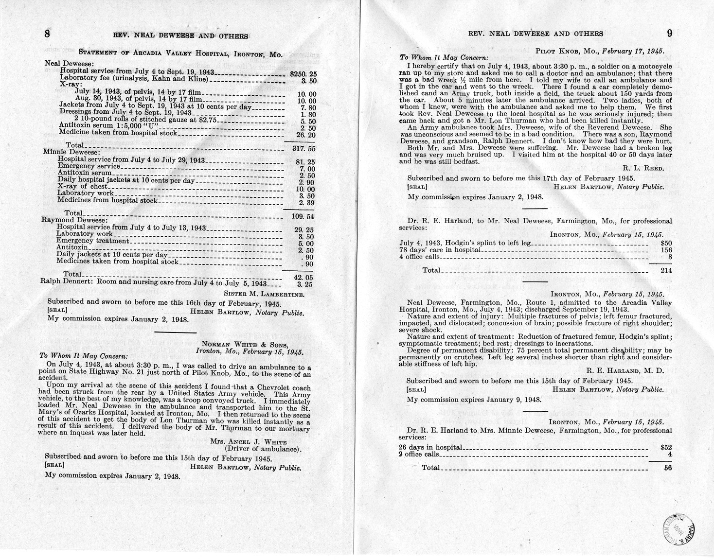 Memorandum from Frederick J. Bailey to M. C. Latta, H.R. 1879, For the Relief of Reverend Neal Deweese, Mrs. Minnie Deweese, Raymond Deweese, and the Estate of Lon Thurman, Deceased, with Attachments