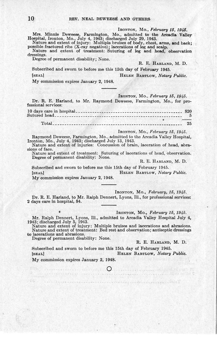Memorandum from Frederick J. Bailey to M. C. Latta, H.R. 1879, For the Relief of Reverend Neal Deweese, Mrs. Minnie Deweese, Raymond Deweese, and the Estate of Lon Thurman, Deceased, with Attachments