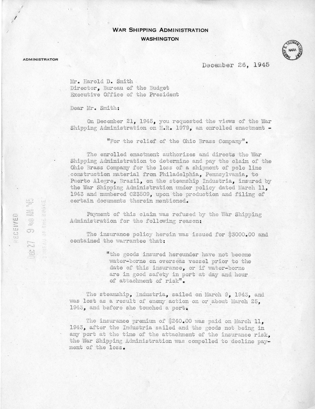 Memorandum from Frederick J. Bailey to M. C. Latta, H.R. 1979, For the Relief of the Ohio Brass Company, with Attachments