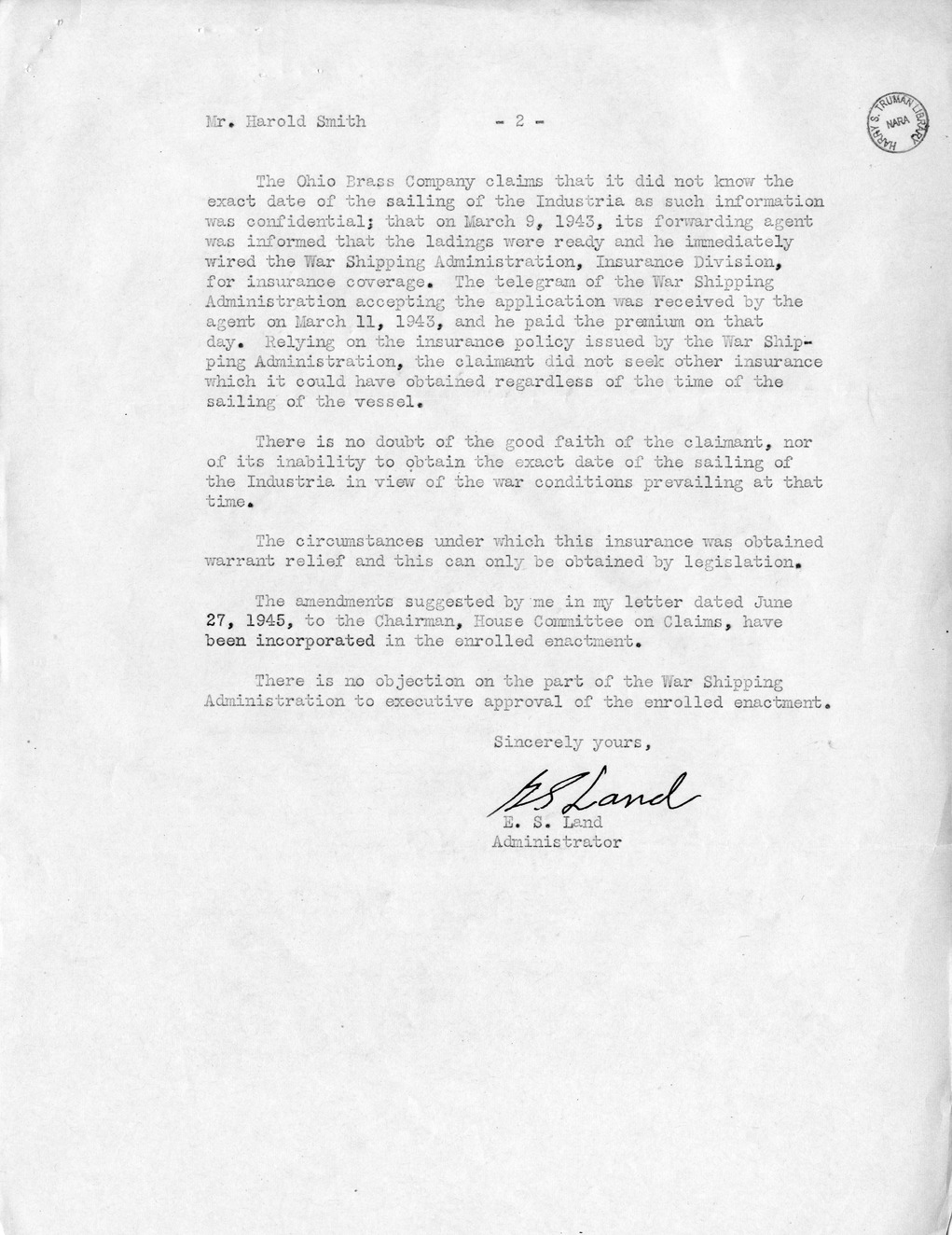 Memorandum from Frederick J. Bailey to M. C. Latta, H.R. 1979, For the Relief of the Ohio Brass Company, with Attachments