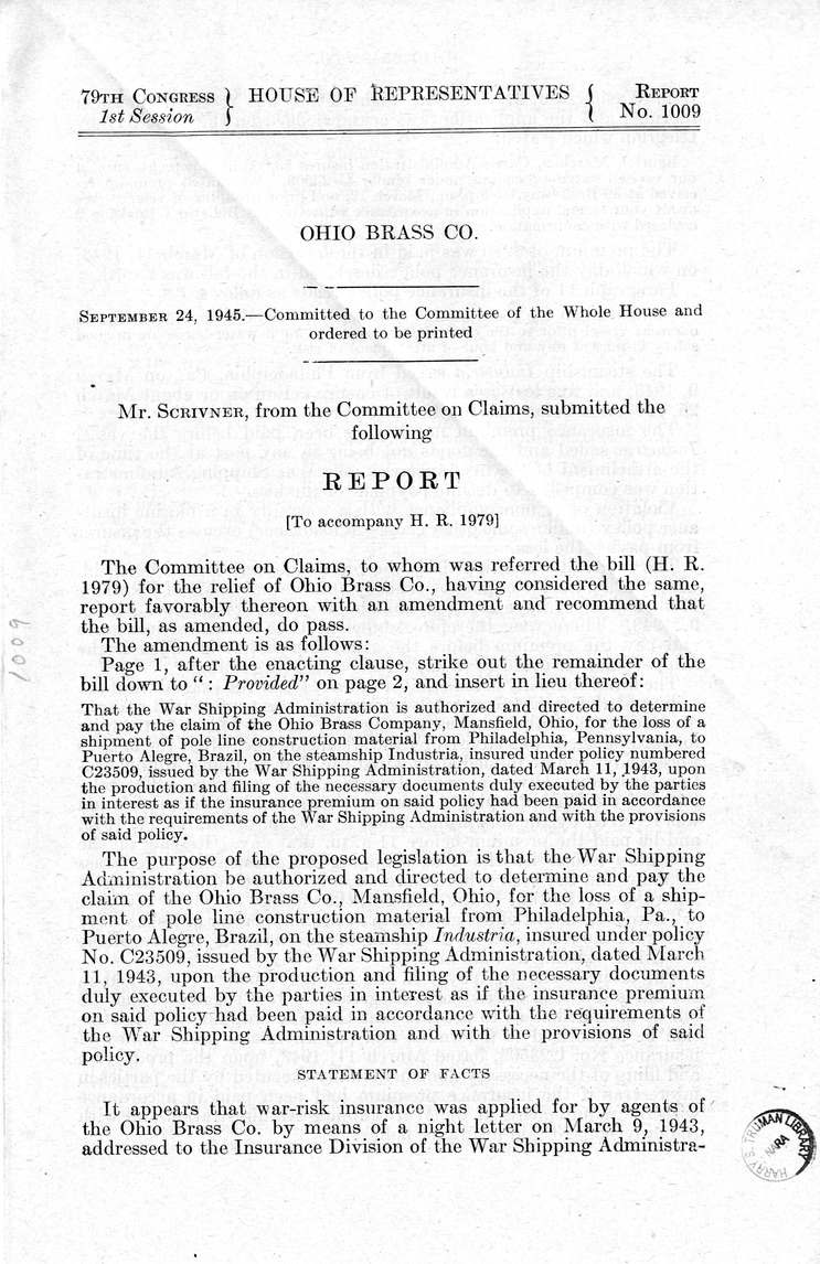 Memorandum from Frederick J. Bailey to M. C. Latta, H.R. 1979, For the Relief of the Ohio Brass Company, with Attachments