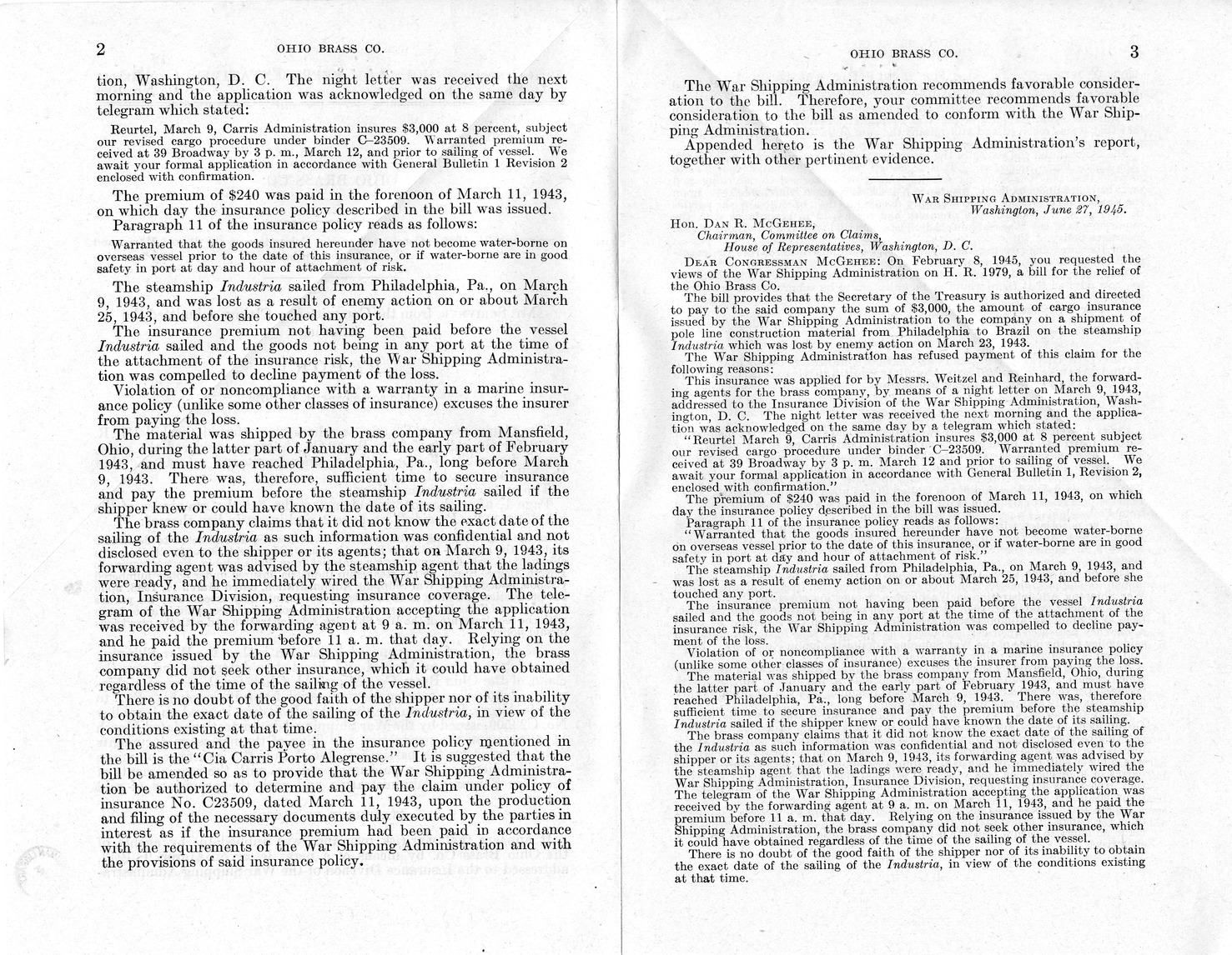 Memorandum from Frederick J. Bailey to M. C. Latta, H.R. 1979, For the Relief of the Ohio Brass Company, with Attachments