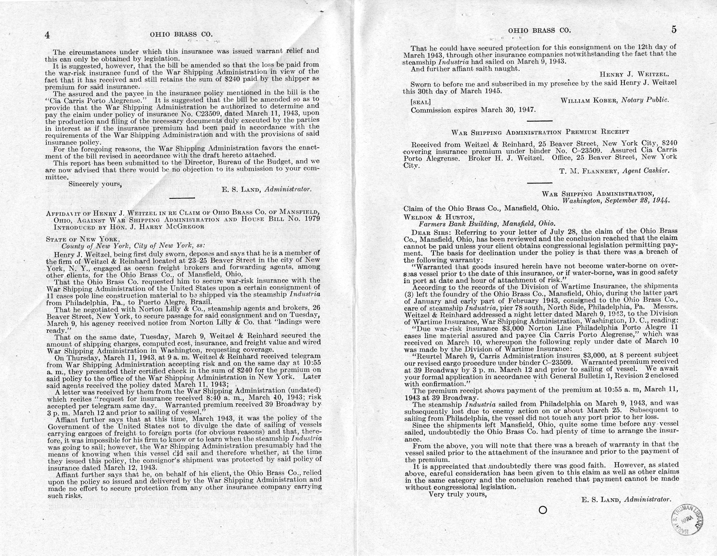 Memorandum from Frederick J. Bailey to M. C. Latta, H.R. 1979, For the Relief of the Ohio Brass Company, with Attachments