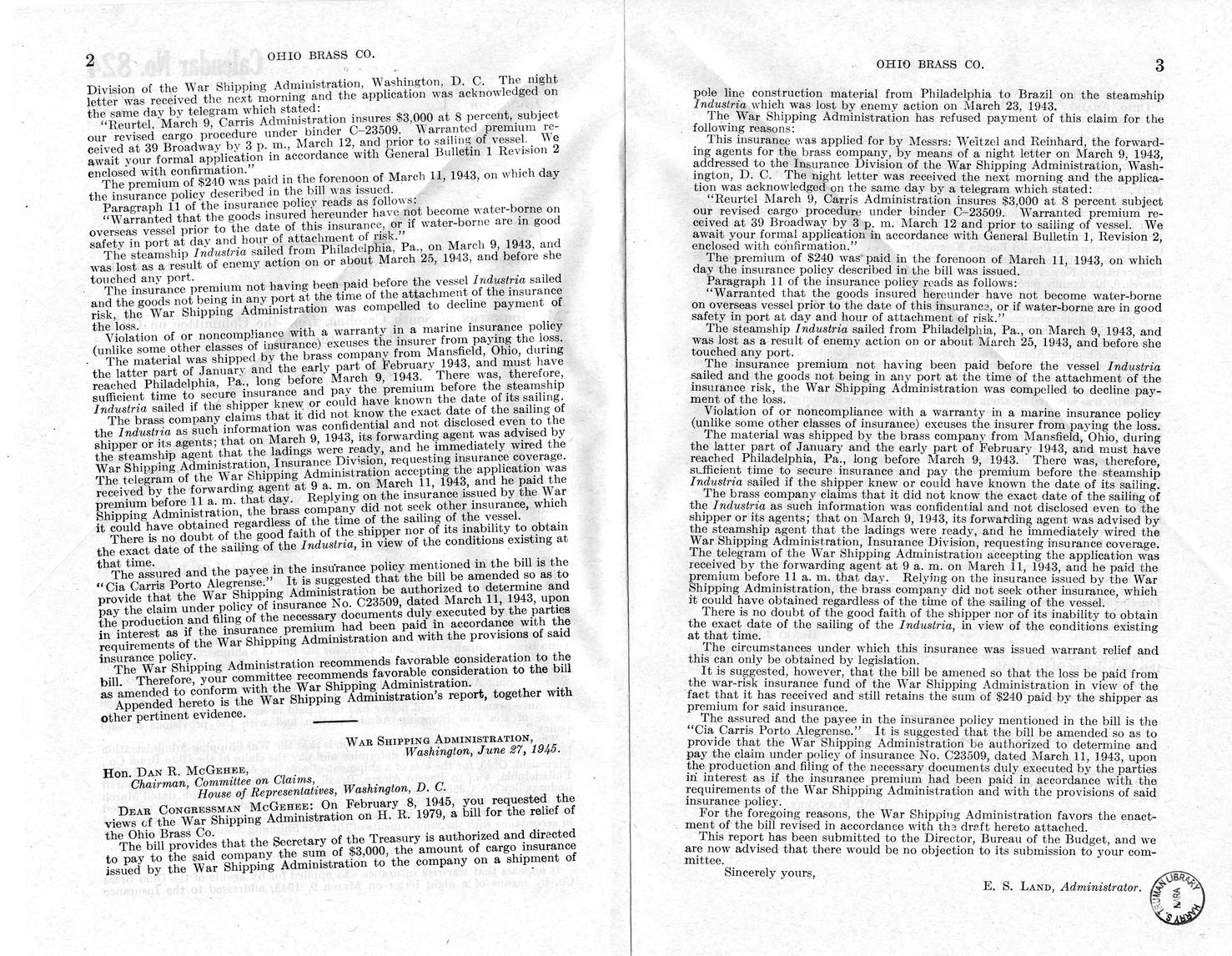 Memorandum from Frederick J. Bailey to M. C. Latta, H.R. 1979, For the Relief of the Ohio Brass Company, with Attachments