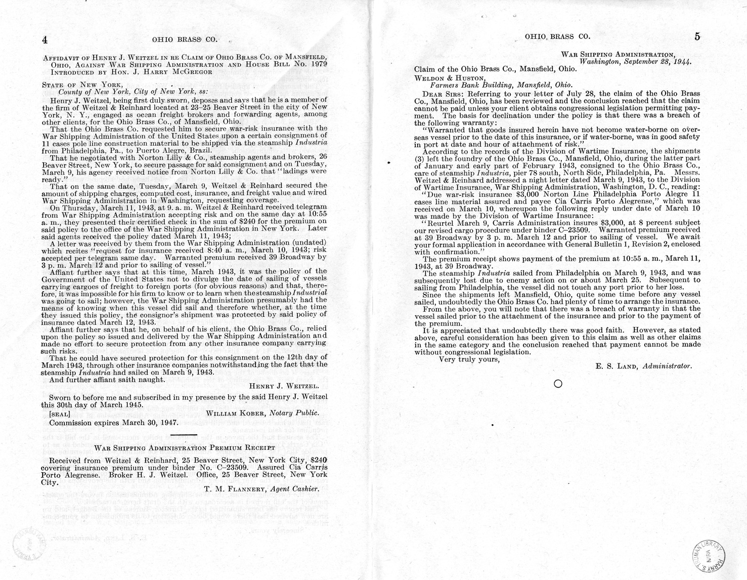 Memorandum from Frederick J. Bailey to M. C. Latta, H.R. 1979, For the Relief of the Ohio Brass Company, with Attachments