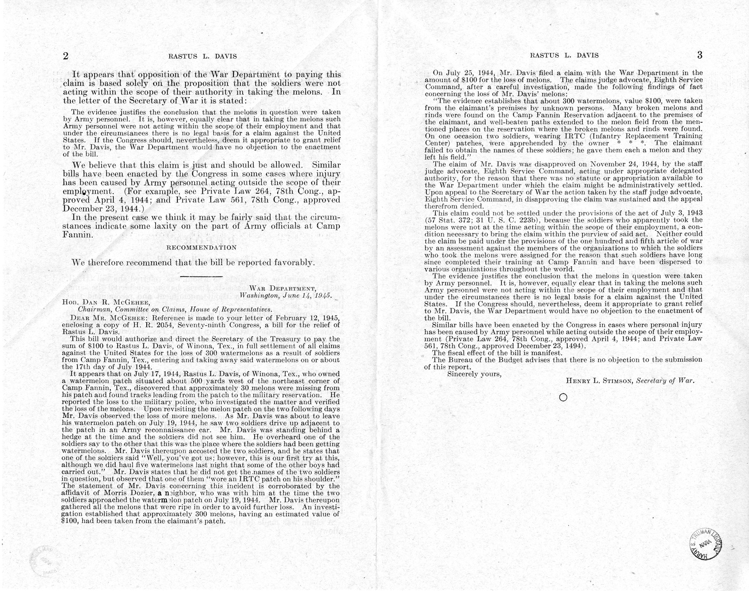 Memorandum from Frederick J. Bailey to M. C. Latta, H.R. 2054, For the Relief of Rastus L. Davis, with Attachments