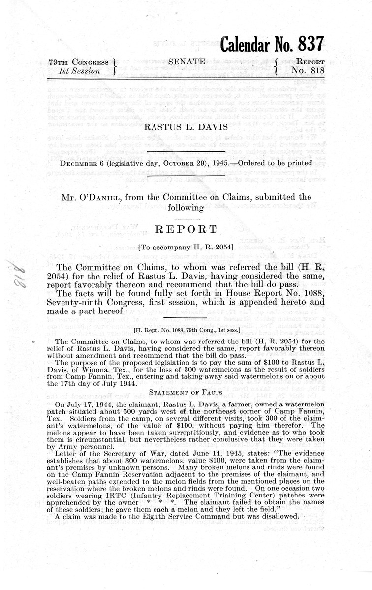 Memorandum from Frederick J. Bailey to M. C. Latta, H.R. 2054, For the Relief of Rastus L. Davis, with Attachments