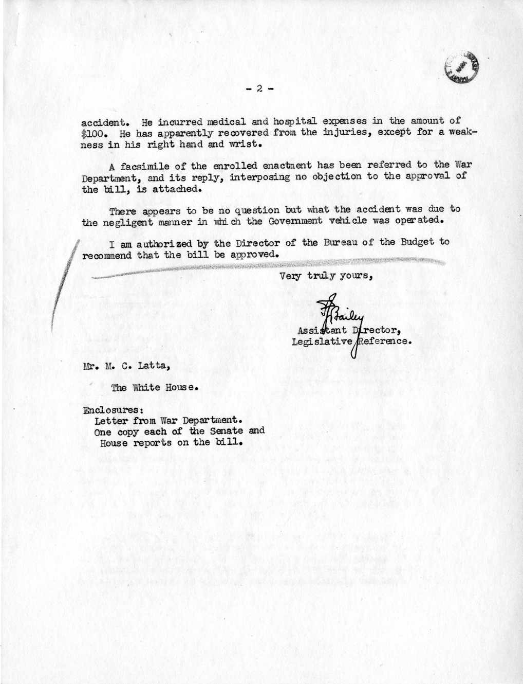 Memorandum from Frederick J. Bailey to M. C. Latta, H.R. 2102, For the Relief of Harry Goldstein and Joseph Mallardi, with Attachments