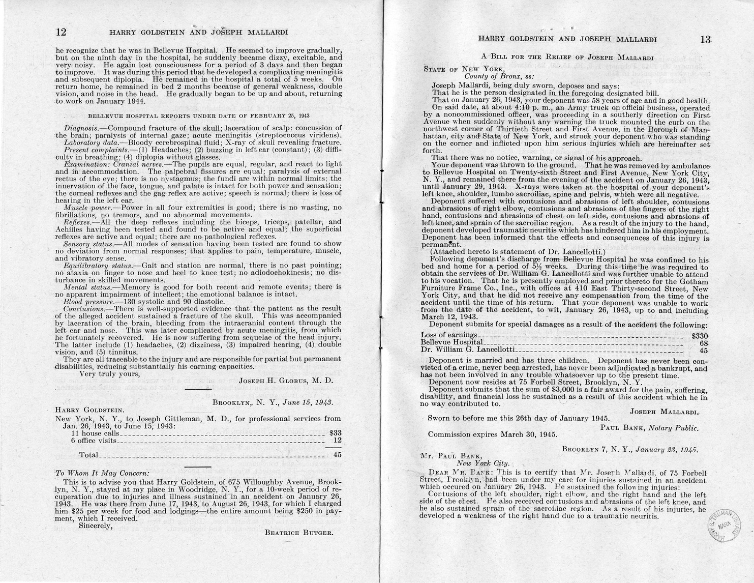 Memorandum from Frederick J. Bailey to M. C. Latta, H.R. 2102, For the Relief of Harry Goldstein and Joseph Mallardi, with Attachments