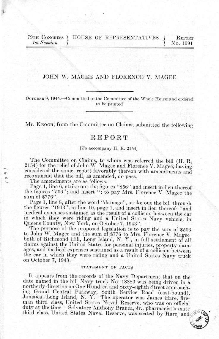 Memorandum from Harold D. Smith to M. C. Latta, H.R. 2154, For the Relief of John W. Magee and and Florence V. Magee, with Attachments