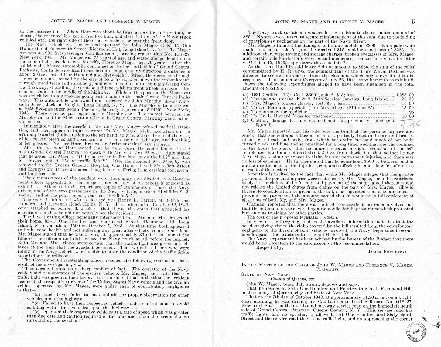 Memorandum from Harold D. Smith to M. C. Latta, H.R. 2154, For the Relief of John W. Magee and and Florence V. Magee, with Attachments