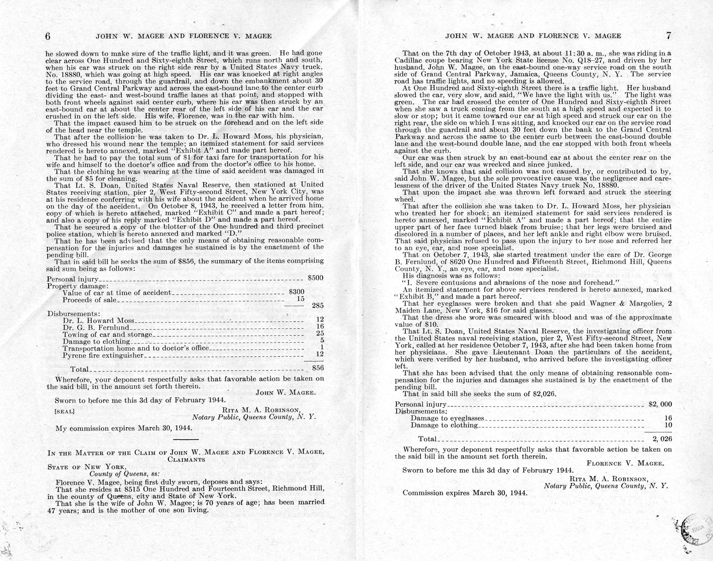Memorandum from Harold D. Smith to M. C. Latta, H.R. 2154, For the Relief of John W. Magee and and Florence V. Magee, with Attachments