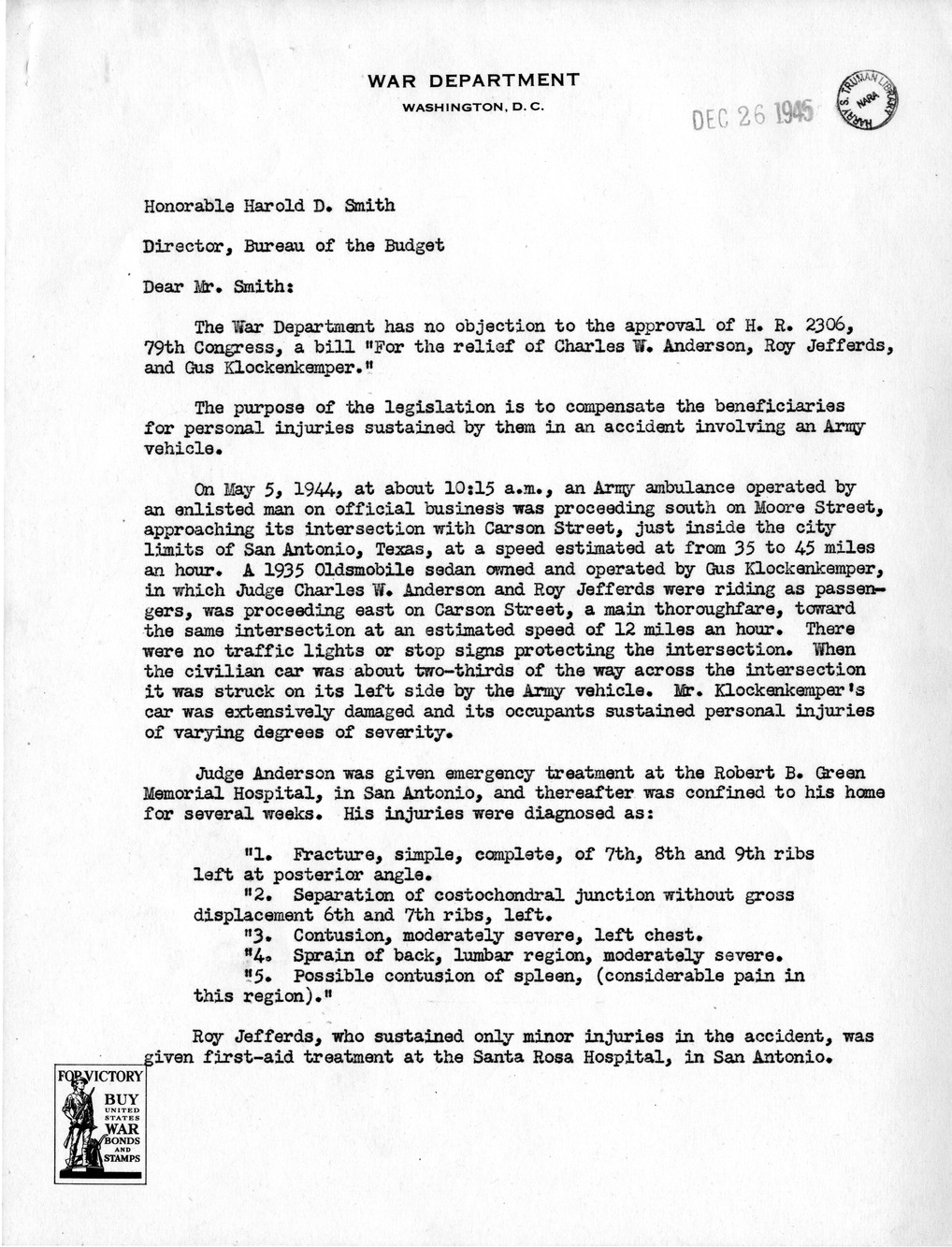 Memorandum from Frederick J. Bailey to M. C. Latta, H.R. 2306, For the Relief of Charles W. Anderson, Roy Jefferds, and Gus Klockenkemper, with Attachments