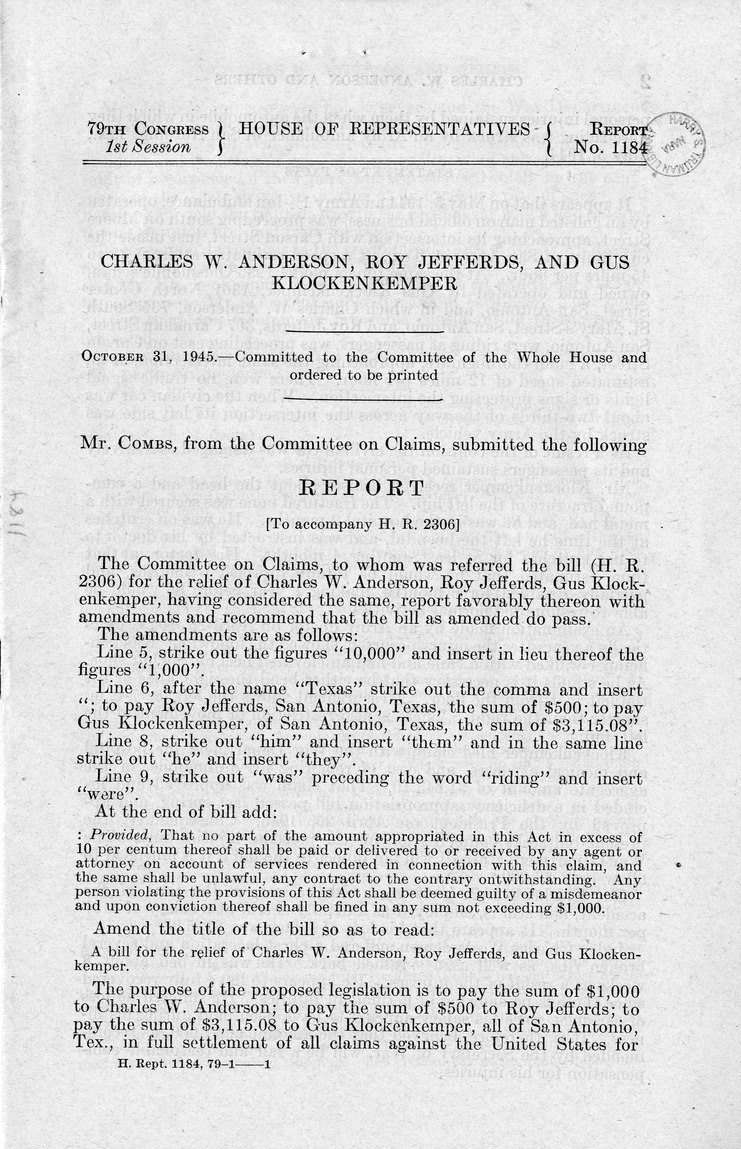 Memorandum from Frederick J. Bailey to M. C. Latta, H.R. 2306, For the Relief of Charles W. Anderson, Roy Jefferds, and Gus Klockenkemper, with Attachments