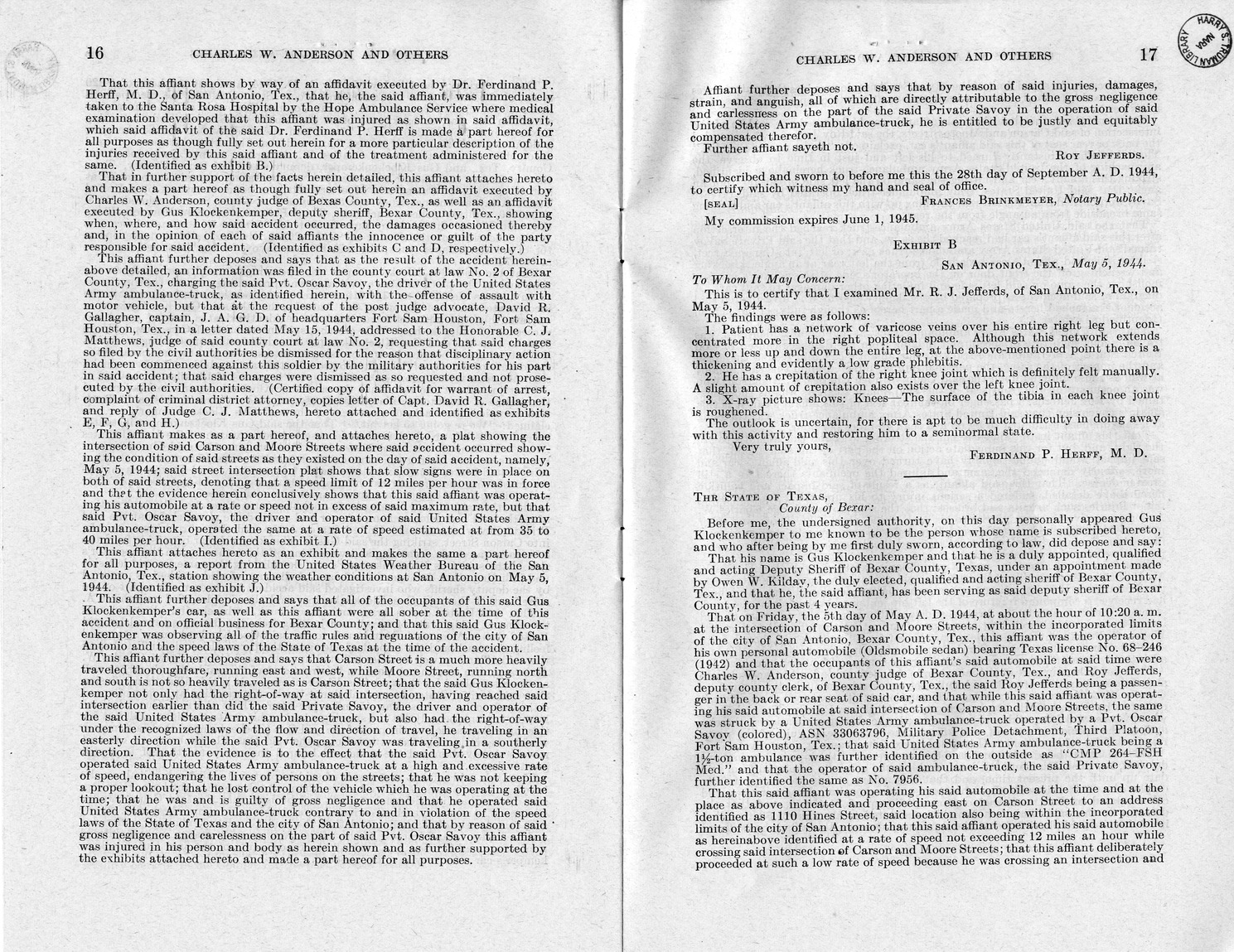 Memorandum from Frederick J. Bailey to M. C. Latta, H.R. 2306, For the Relief of Charles W. Anderson, Roy Jefferds, and Gus Klockenkemper, with Attachments