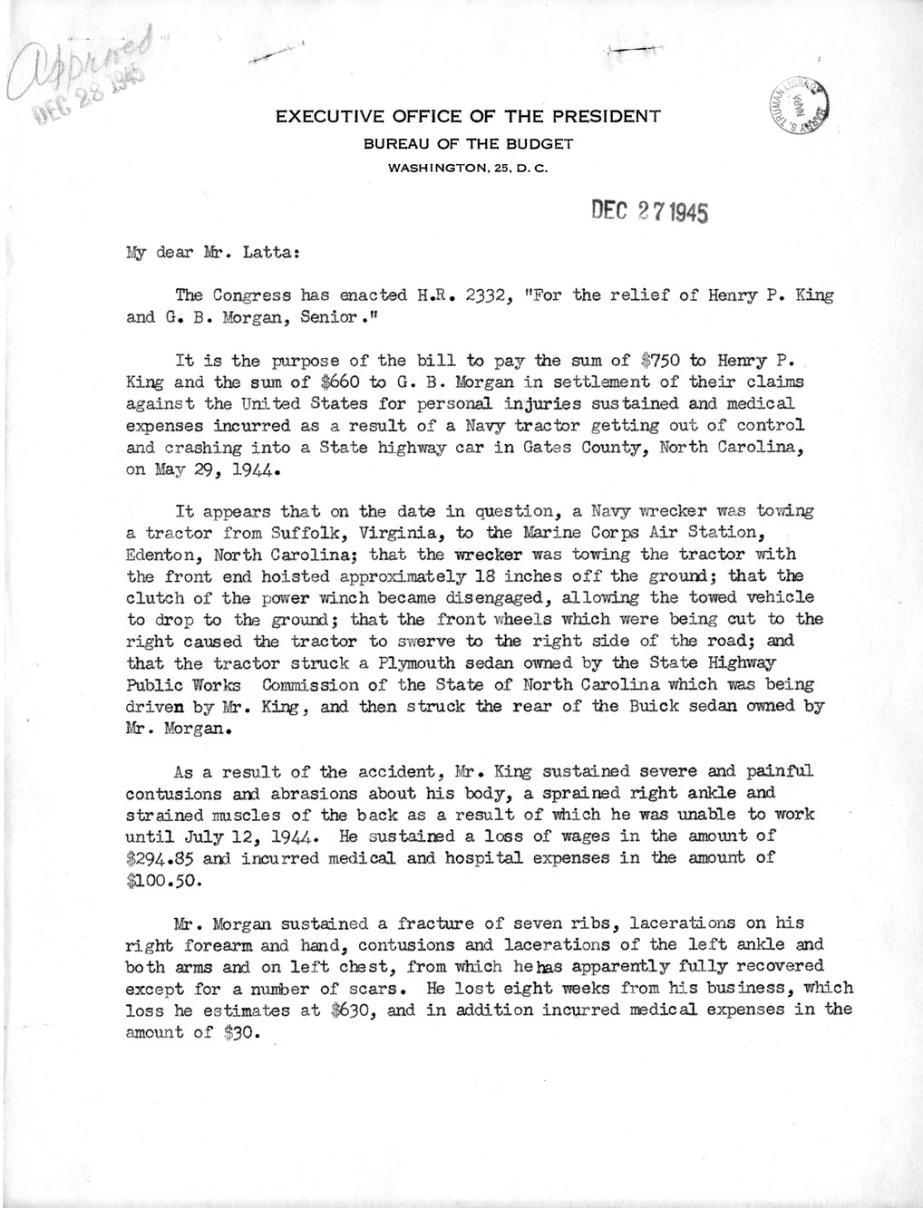 Memorandum from Frederick J. Bailey to M. C. Latta, H.R. 2332, For the Relief of Henry P. King and G.B. Morgan, Senior, with Attachments