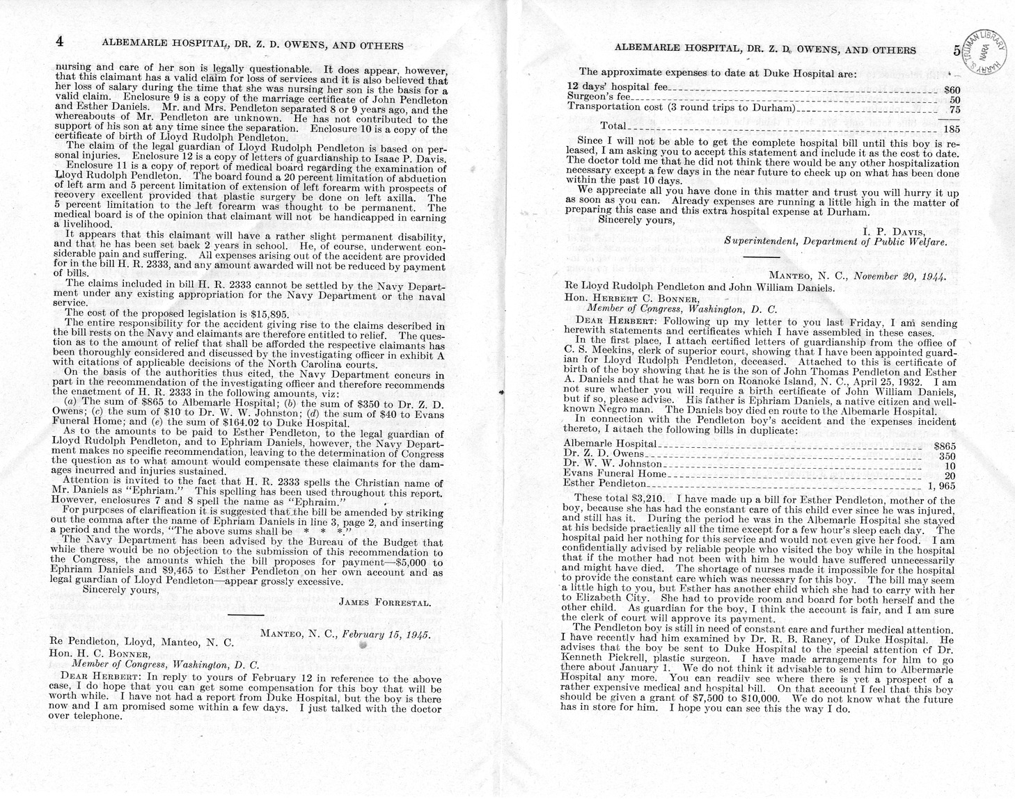 Memorandum from Frederick J. Bailey to M. C. Latta, H.R. 2333, For the Relief of Albemarle Hospital, Doctor Z. D. Owens, Doctor W. W. Johnston, Evans Funeral Home, Esther Pendleton, Legal Guardian of Lloyd Pendleton, Duke Hospital, and Ephriam Daniels, with Attachments