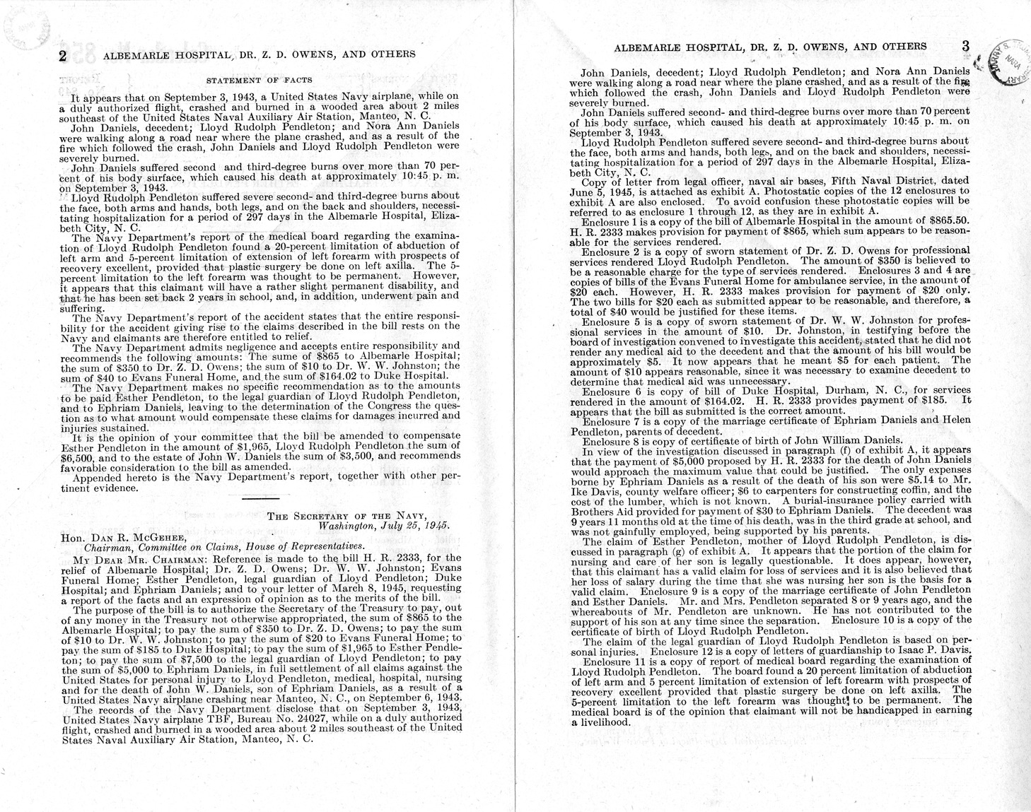 Memorandum from Frederick J. Bailey to M. C. Latta, H.R. 2333, For the Relief of Albemarle Hospital, Doctor Z. D. Owens, Doctor W. W. Johnston, Evans Funeral Home, Esther Pendleton, Legal Guardian of Lloyd Pendleton, Duke Hospital, and Ephriam Daniels, with Attachments