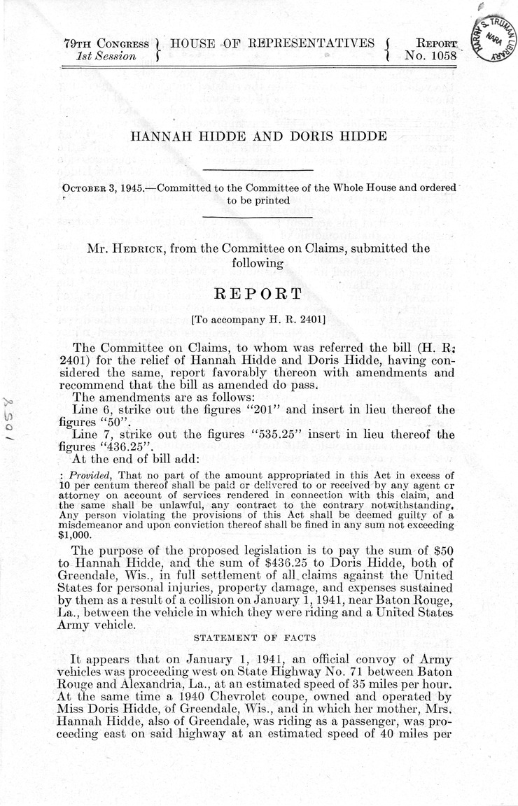 Memorandum from Frederick J. Bailey to M. C. Latta, H.R. 2401, For the Relief of Hannah Hidde and Doris Hidde, with Attachments