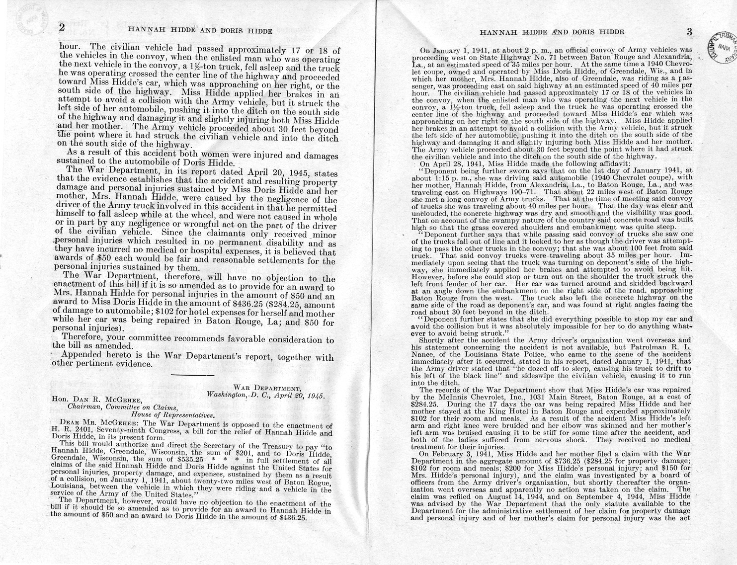 Memorandum from Frederick J. Bailey to M. C. Latta, H.R. 2401, For the Relief of Hannah Hidde and Doris Hidde, with Attachments