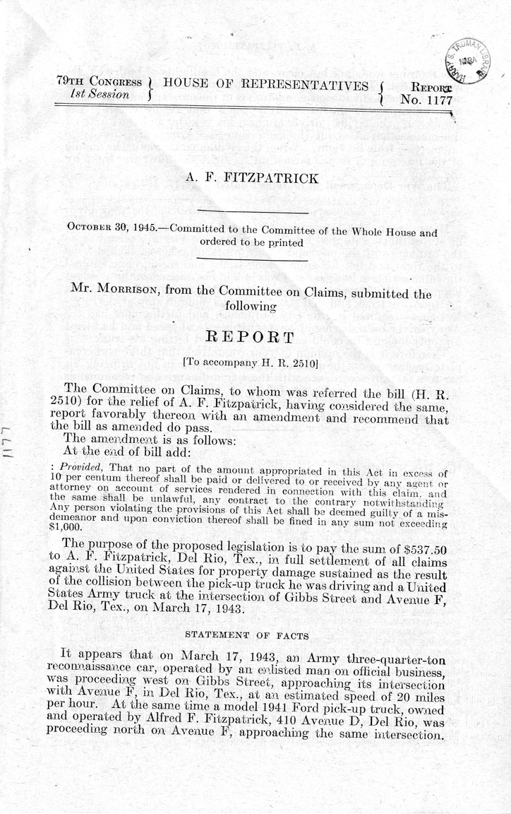 Memorandum from Frederick J. Bailey to M. C. Latta, H.R. 2510, For the Relief of A. F. Fitzpatrick, with Attachments