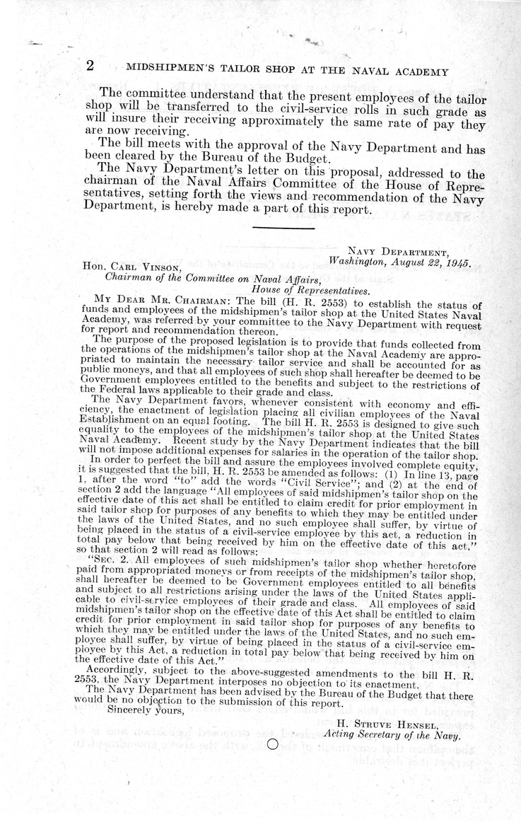 Memorandum from Frederick J. Bailey to M. C. Latta, H.R. 2553, To Establish the Status of Funds and Employees of the Midshipmen's Tailor Shop at the United States Naval Academy, with Attachments
