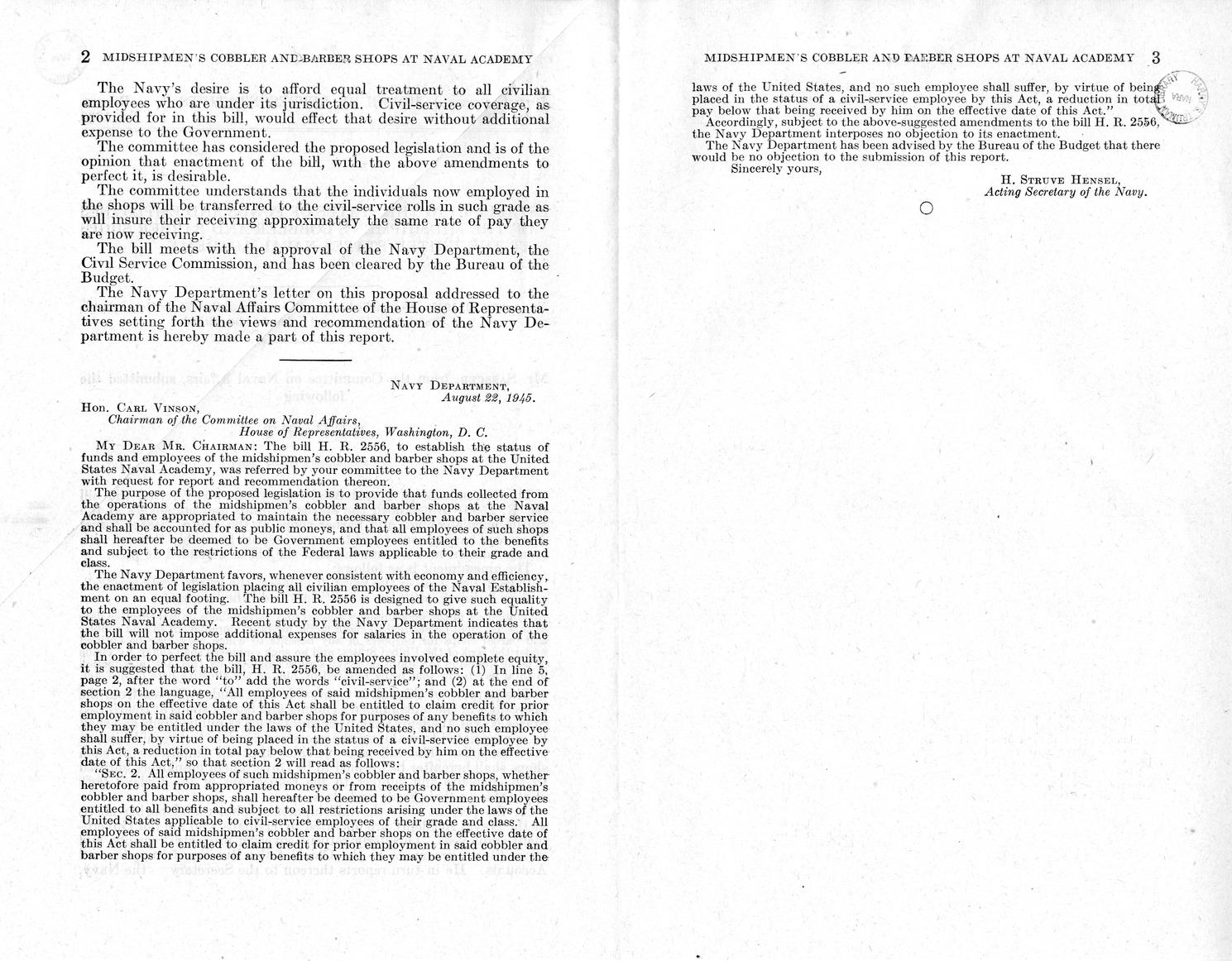 Memorandum from Frederick J. Bailey to M. C. Latta, H.R. 2556, To Establish the Status of Funds and Employees of the Midshipmen's Cobbler and Barber Shops at the United States Naval Academy, with Attachments