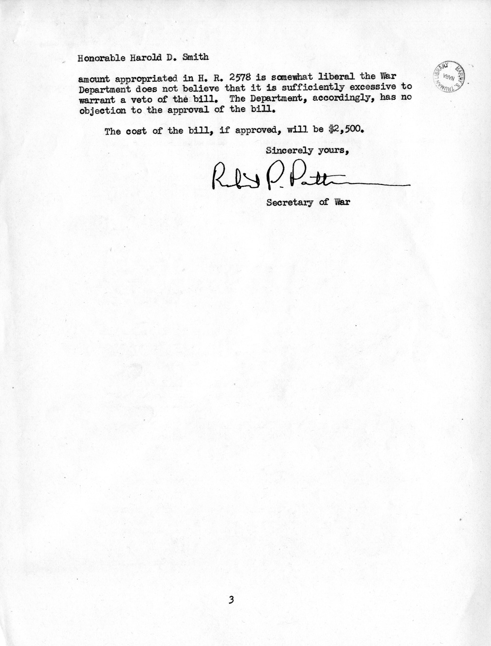 Memorandum from Frederick J. Bailey to M. C. Latta, H.R. 2578, For the Relief of Rufus A. Hancock, with Attachments