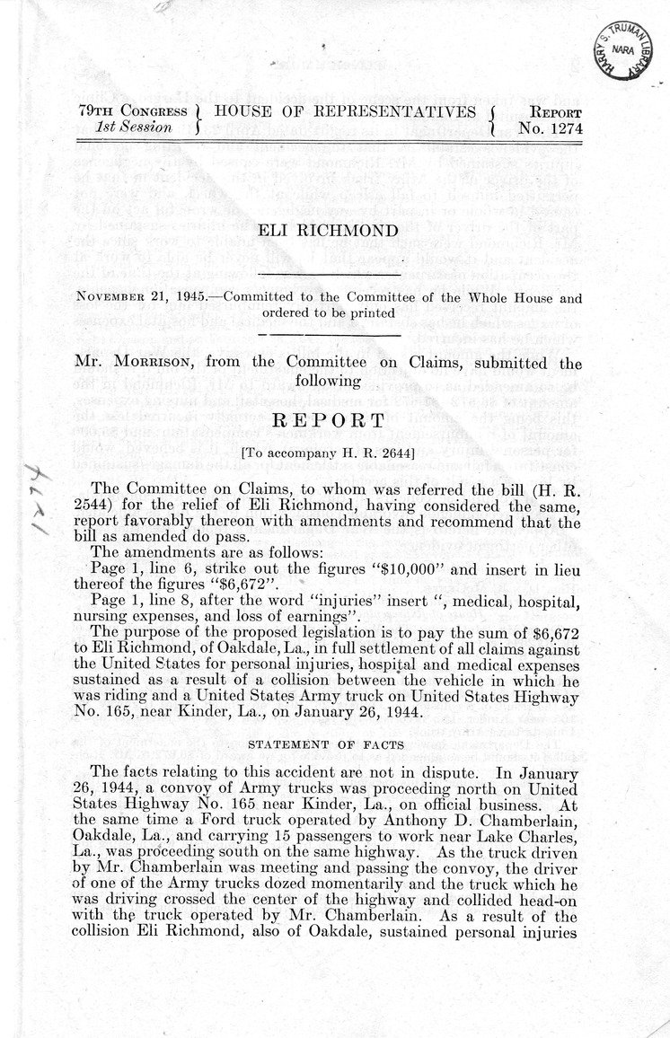 Memorandum from Frederick J. Bailey to M. C. Latta, H.R. 2644, For the Relief of Eli Richmond, with Attachments