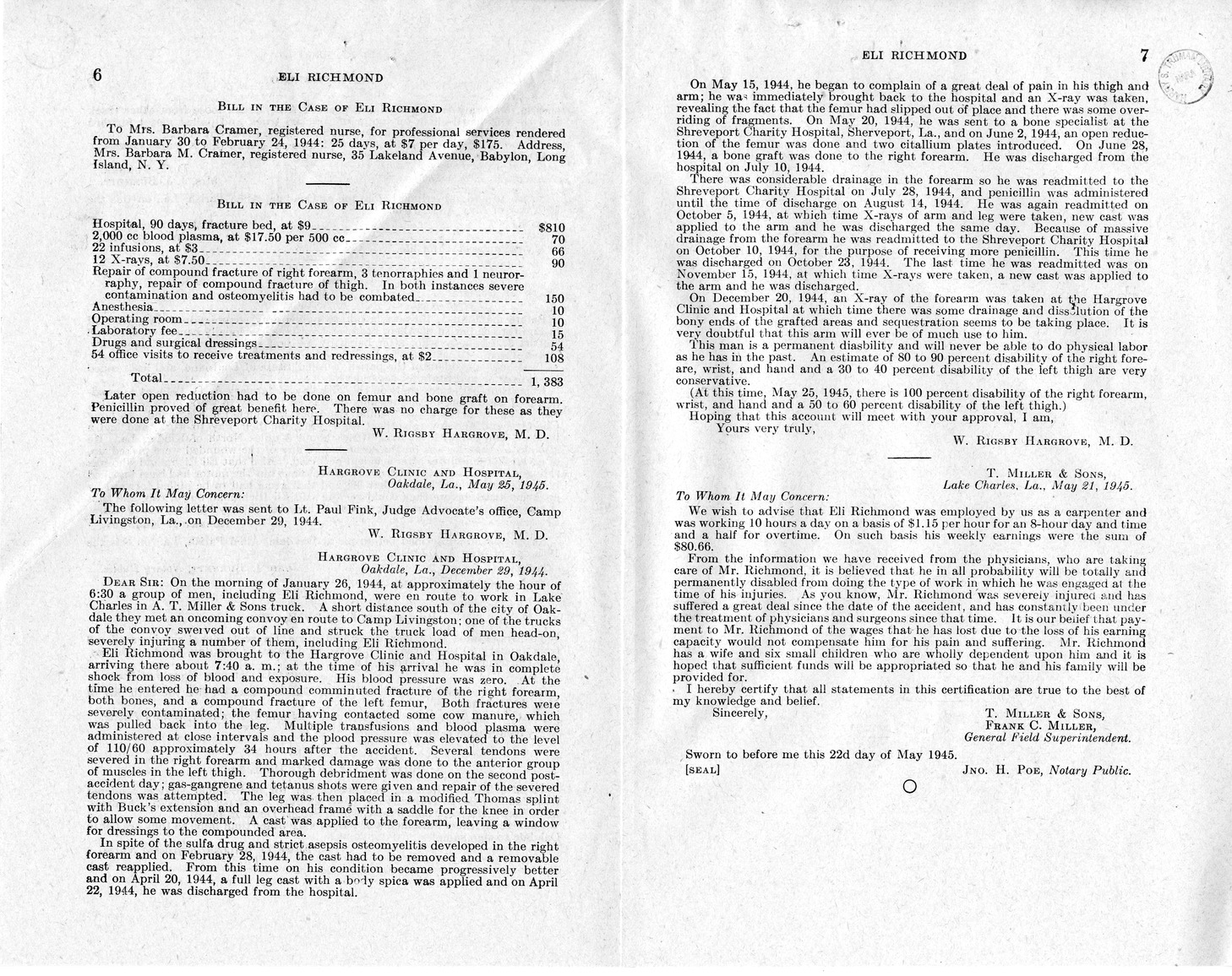 Memorandum from Frederick J. Bailey to M. C. Latta, H.R. 2644, For the Relief of Eli Richmond, with Attachments
