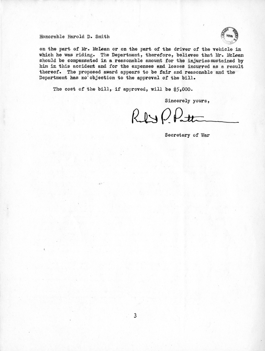 Memorandum from Frederick J. Bailey to M. C. Latta, H.R. 2666, For the Relief of Oscar N. McLean, with Attachments