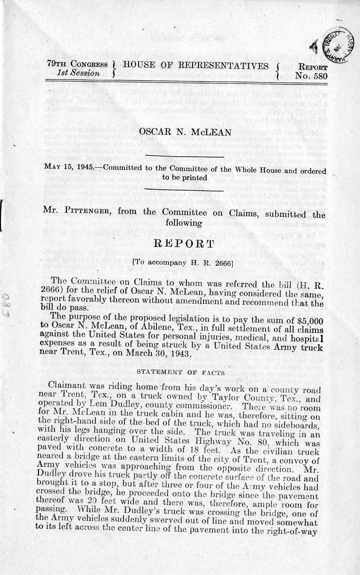 Memorandum from Frederick J. Bailey to M. C. Latta, H.R. 2666, For the Relief of Oscar N. McLean, with Attachments