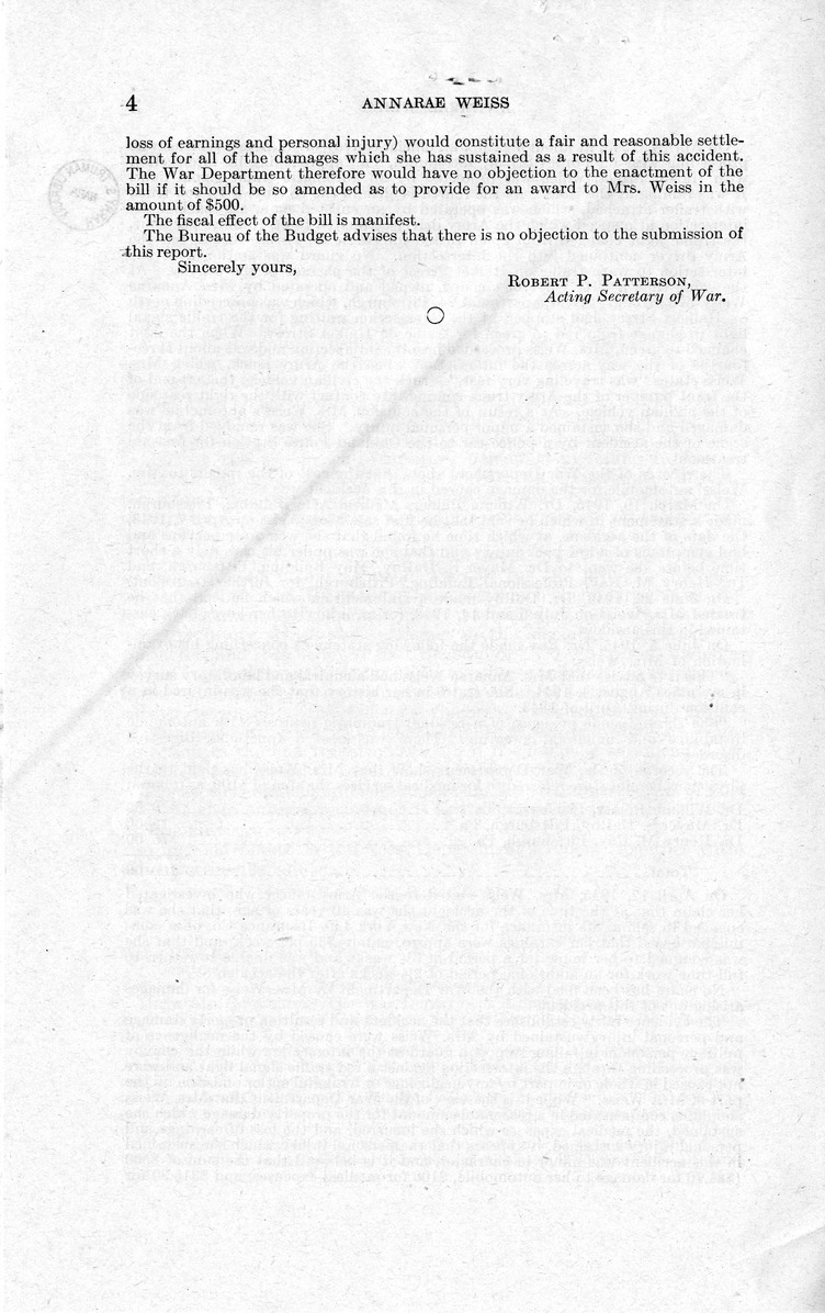 Memorandum from Frederick J. Bailey to M. C. Latta, H.R. 2746, For the Relief of Annarae Weiss, with Attachments