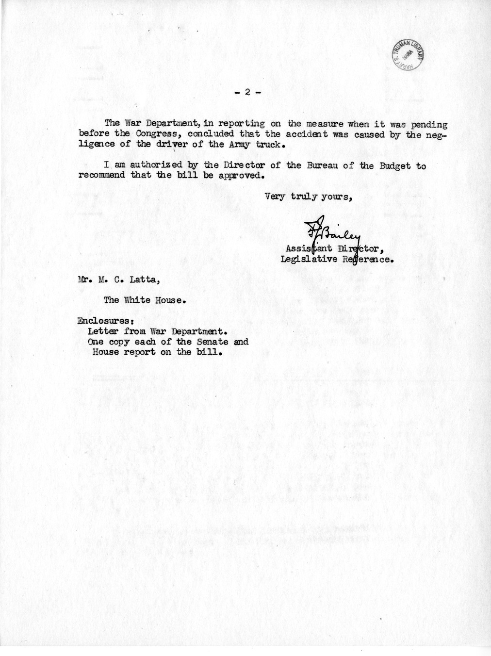 Memorandum from Frederick J. Bailey to M. C. Latta, H.R. 2762, For the Relief of Mrs. Bessie M. Campbell and Charles J. Campbell, with Attachments