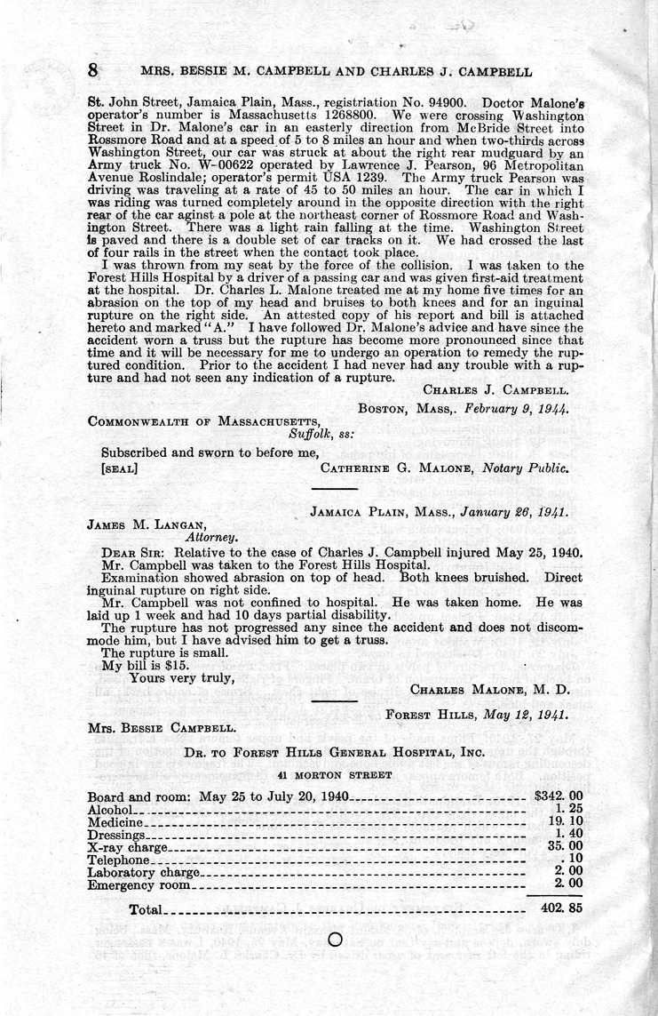 Memorandum from Frederick J. Bailey to M. C. Latta, H.R. 2762, For the Relief of Mrs. Bessie M. Campbell and Charles J. Campbell, with Attachments