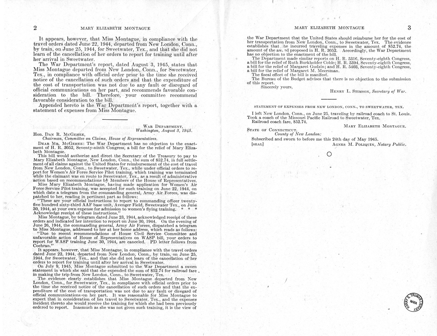 Memorandum from Frederick J. Bailey to M. C. Latta, H.R. 3052, For the Relief of Mary Elizabeth Montague, with Attachments