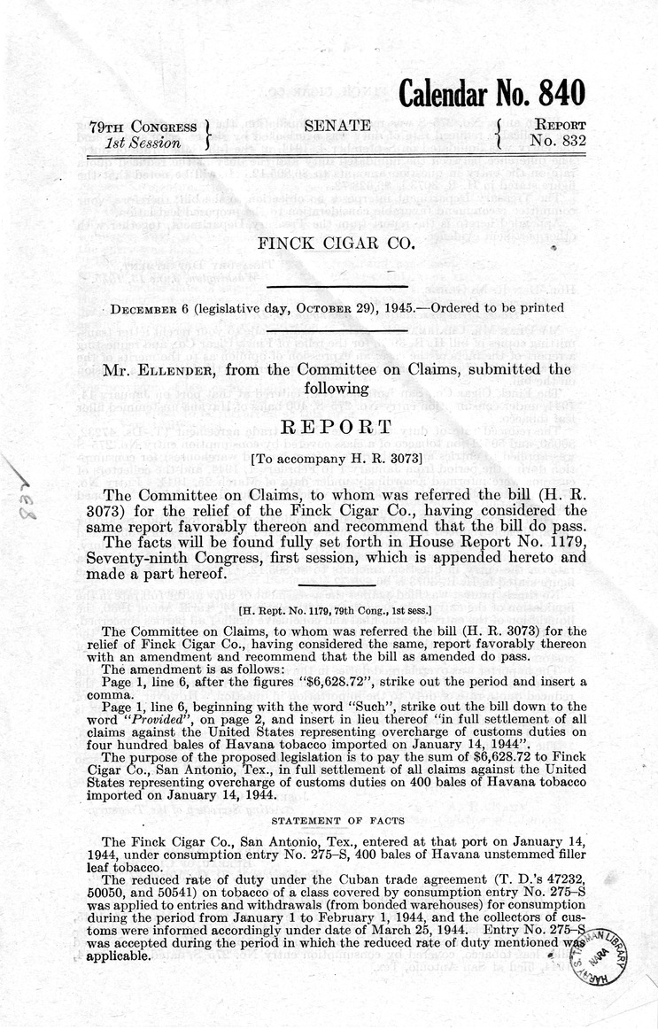 Memorandum from Frederick J. Bailey to M. C. Latta, H.R. 3073, For the Relief of Finck Cigar Company, with Attachments