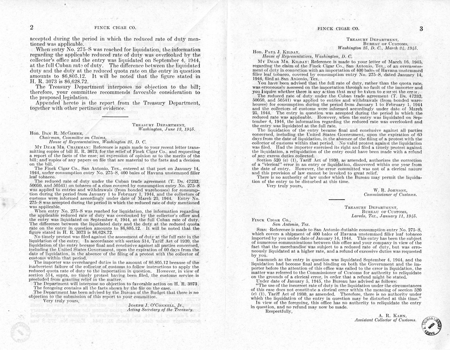 Memorandum from Frederick J. Bailey to M. C. Latta, H.R. 3073, For the Relief of Finck Cigar Company, with Attachments