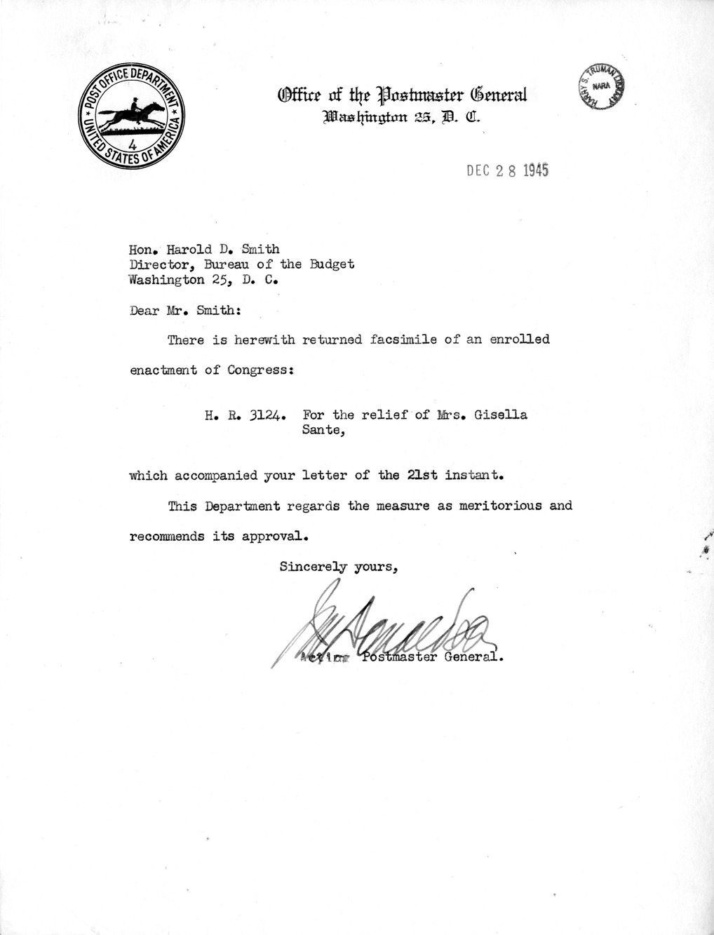 Memorandum from Frederick J. Bailey to M. C. Latta, H.R. 3124, For the Relief of Mrs. Gisella Sante, with Attachments
