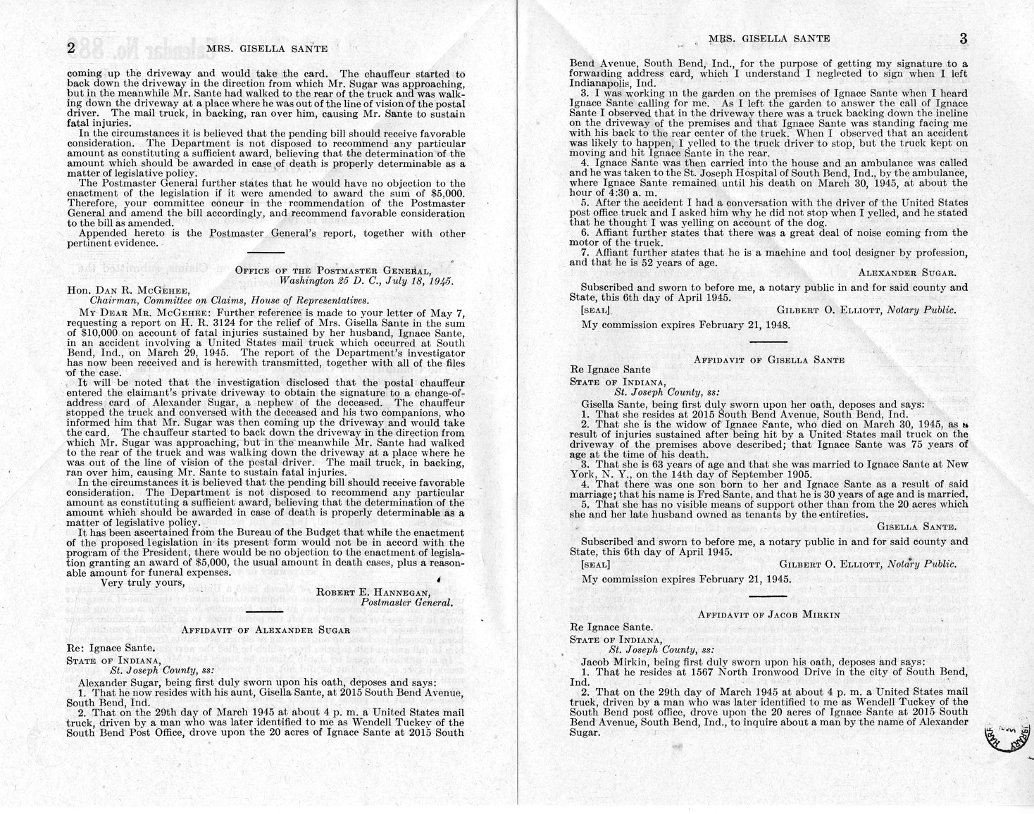 Memorandum from Frederick J. Bailey to M. C. Latta, H.R. 3124, For the Relief of Mrs. Gisella Sante, with Attachments