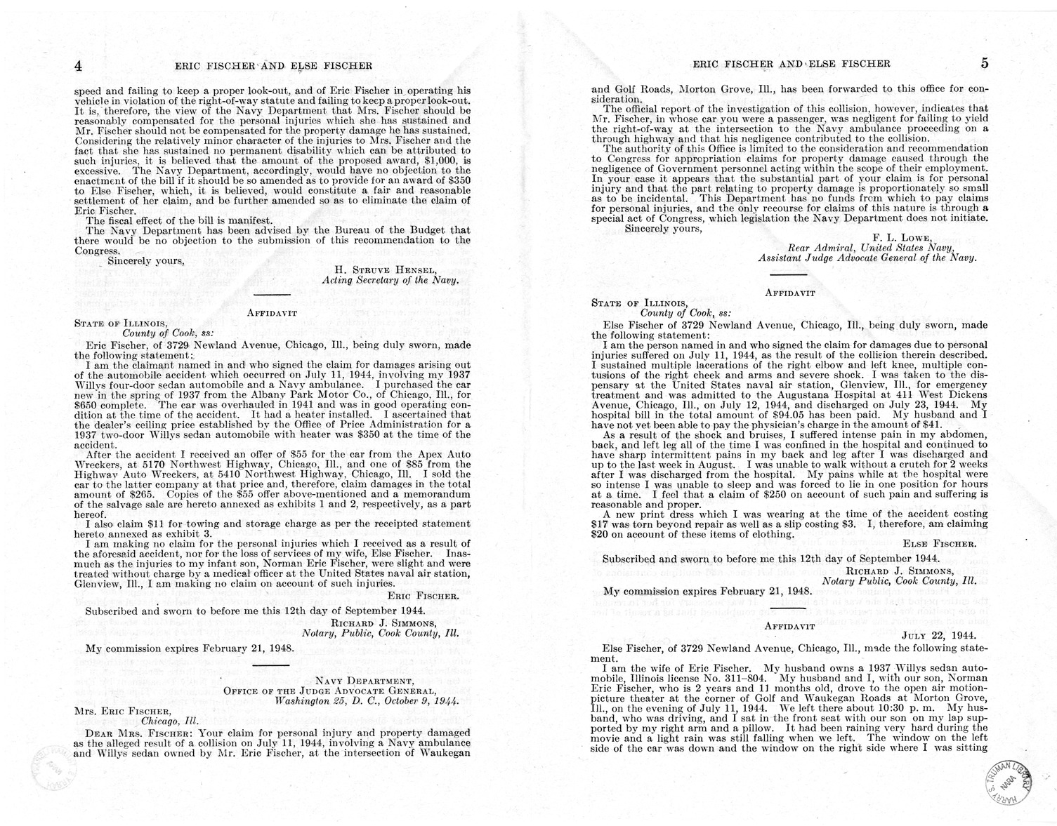 Memorandum from Frederick J. Bailey to M. C. Latta, H.R. 3273, For the Relief of Eric Fischer and Else Fischer, with Attachments