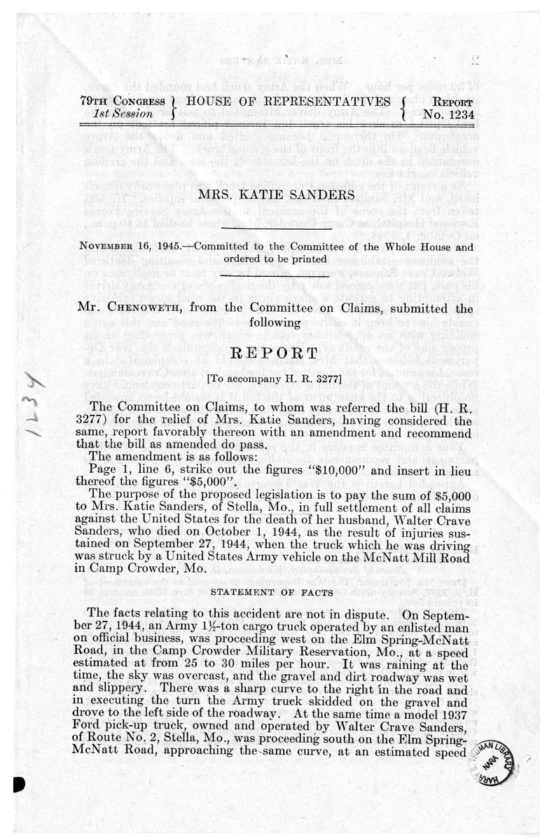 Memorandum from Frederick J. Bailey to M. C. Latta, H.R. 3277, For the Relief of Mrs. Katie Sanders, with Attachments